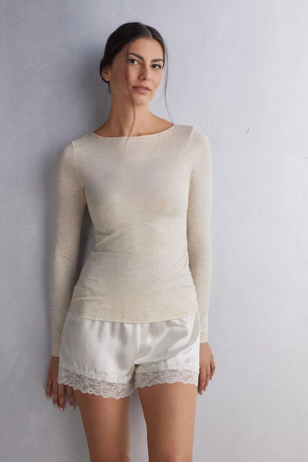 Intimissimi Long Sleeve Tops Women Crewneck Top In Modal Light With Cashmere Lam Pale Pink 843i 8211 Cream White Lameacute