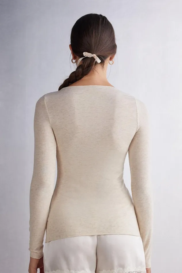 Intimissimi Long Sleeve Tops Women Crewneck Top In Modal Light With Cashmere Lam Pale Pink 843i 8211 Cream White Lameacute