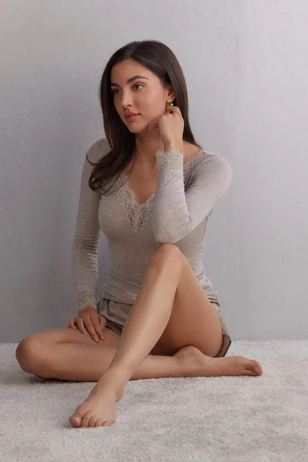 Intimissimi Long Sleeve Tops Women Modal Cashmere Ultralight Long Lace Shirt Natural 7525 8211 Heather Shell Beige
