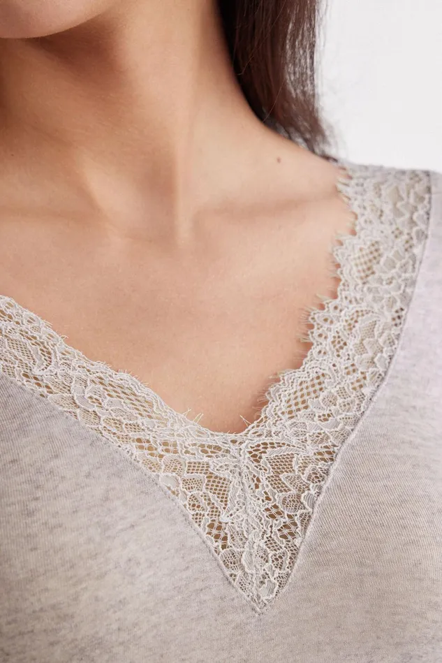 Intimissimi Long Sleeve Tops Women Modal Cashmere Ultralight Long Lace Shirt Natural 7525 8211 Heather Shell Beige