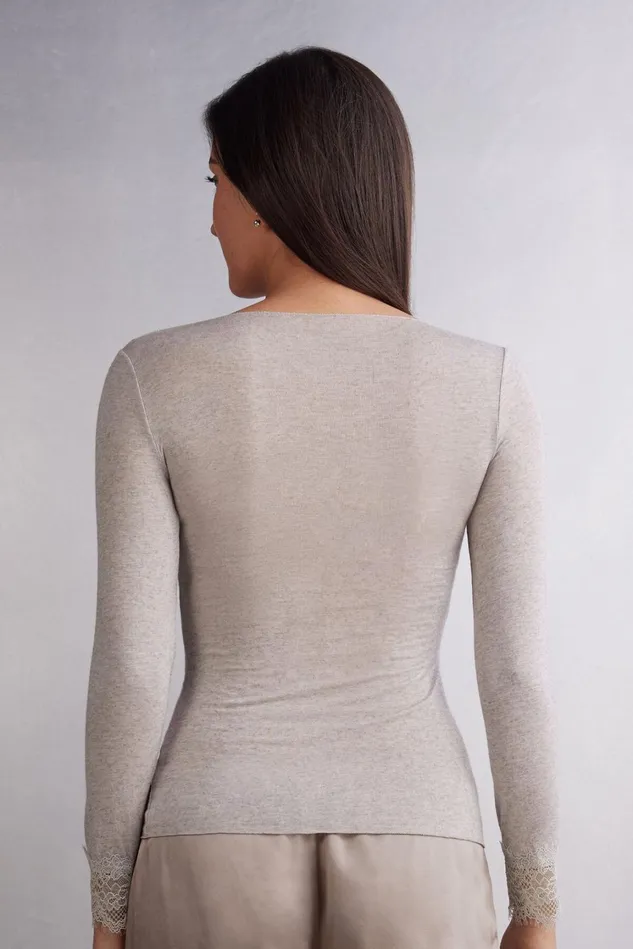 Intimissimi Long Sleeve Tops Women Modal Cashmere Ultralight Long Lace Shirt Natural 7525 8211 Heather Shell Beige