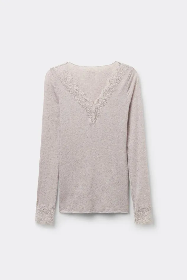 Intimissimi Long Sleeve Tops Women Modal Cashmere Ultralight Long Lace Shirt Natural 7525 8211 Heather Shell Beige