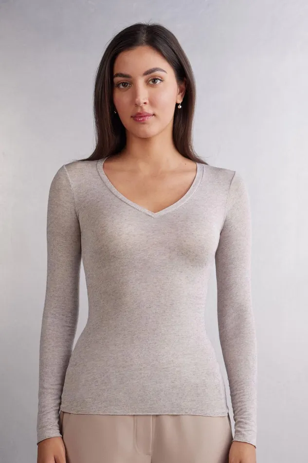 Intimissimi Long Sleeve Tops Women VNeck Top In Modal Ultralight With Cashmere Natural 7525 8211 Heather Shell Beige Intimissimi Long Sleeve Tops Women VNeck Top In Modal Ultralight With Cashmere Natural 7525 8211 Heather Shell Beige