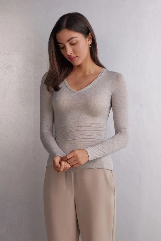 Intimissimi Long Sleeve Tops Women VNeck Top In Modal Ultralight With Cashmere Natural 7525 8211 Heather Shell Beige