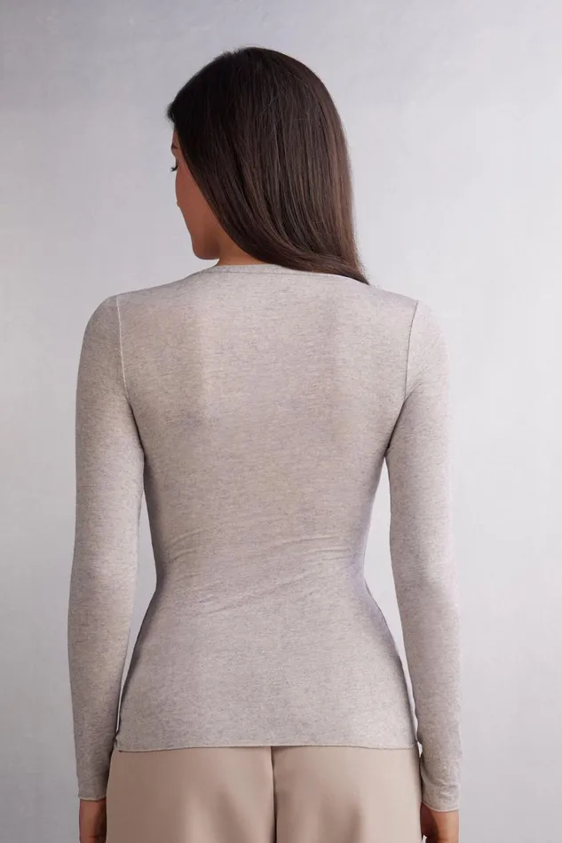Intimissimi Long Sleeve Tops Women VNeck Top In Modal Ultralight With Cashmere Natural 7525 8211 Heather Shell Beige