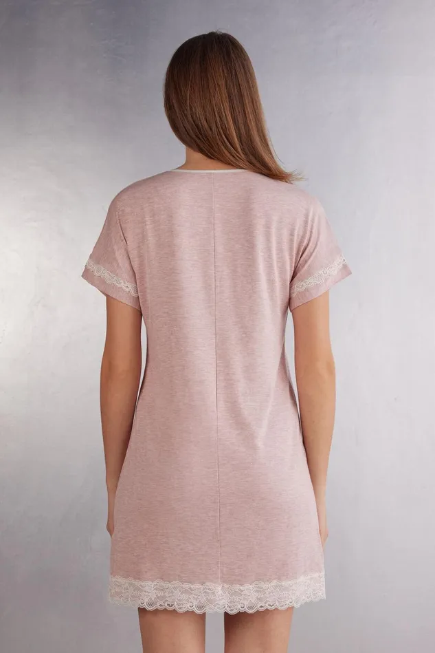 Intimissimi Nightdresses Women Lace Trim Short Sleeve Nightgown Pale Pink 008j 8211 Heathered Light Pink