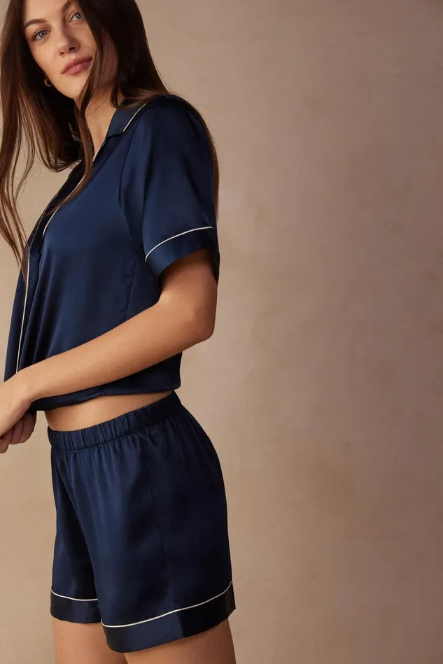 Intimissimi Short Pajamas Women Silk Shorts With Contrast Trim Blue 1467 8211 Intense Blue