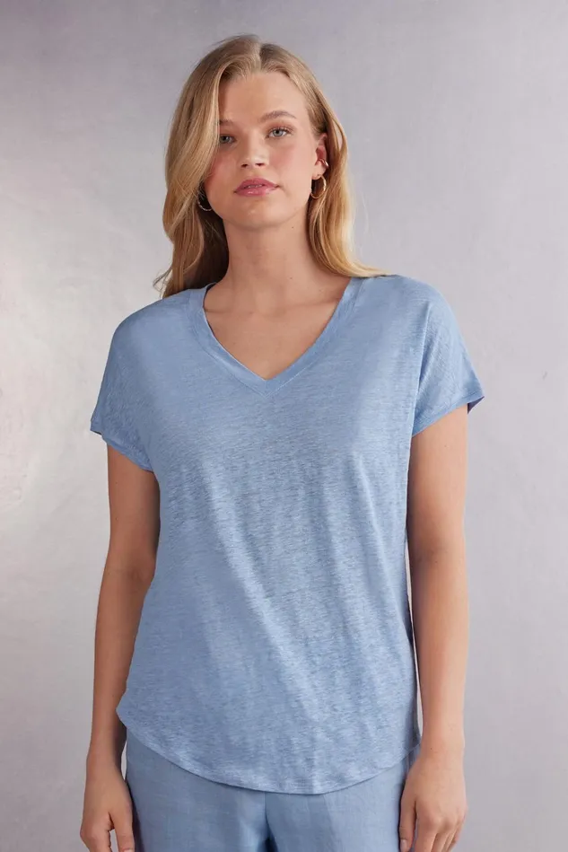 Intimissimi TShirt Women Linen VNeck Short Sleeve Top Light Blue 550j 8211 Dreamy Blue Intimissimi TShirt Women Linen VNeck Short Sleeve Top Light Blue 550j 8211 Dreamy Blue