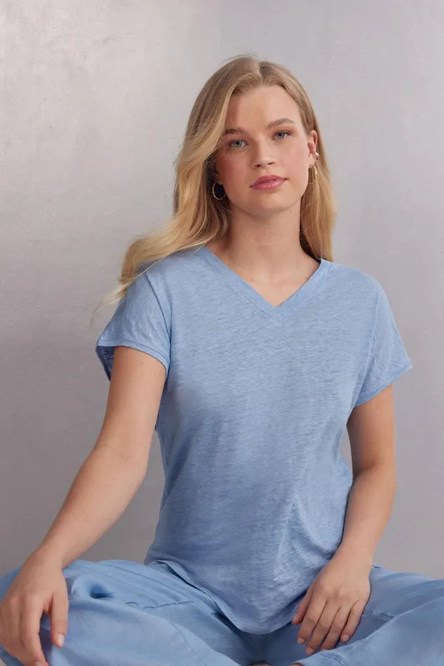 Intimissimi TShirt Women Linen VNeck Short Sleeve Top Light Blue 550j 8211 Dreamy Blue