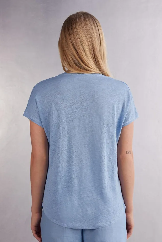 Intimissimi TShirt Women Linen VNeck Short Sleeve Top Light Blue 550j 8211 Dreamy Blue