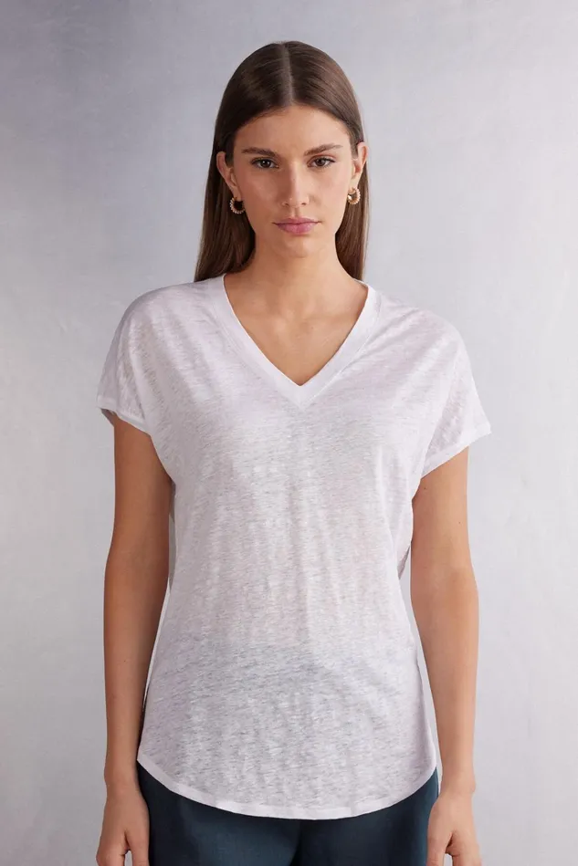 Intimissimi TShirt Women Linen VNeck Short Sleeve Top White 001 8211 White