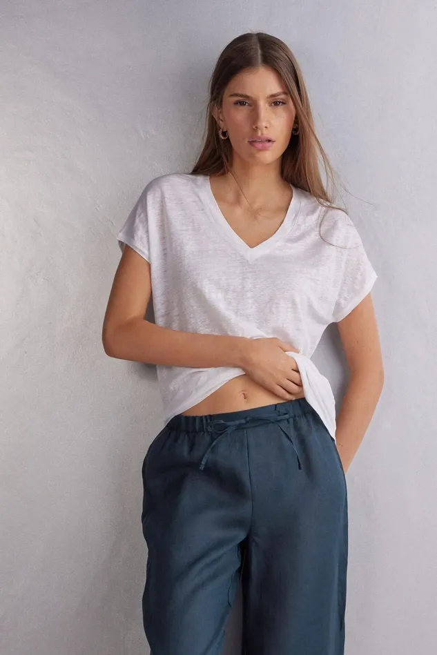 Intimissimi TShirt Women Linen VNeck Short Sleeve Top White 001 8211 White