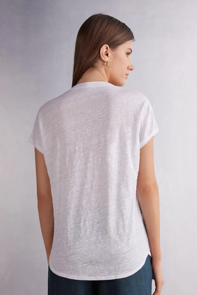 Intimissimi TShirt Women Linen VNeck Short Sleeve Top White 001 8211 White