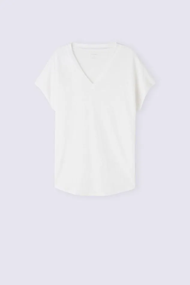 Intimissimi TShirt Women Linen VNeck Short Sleeve Top White 001 8211 White