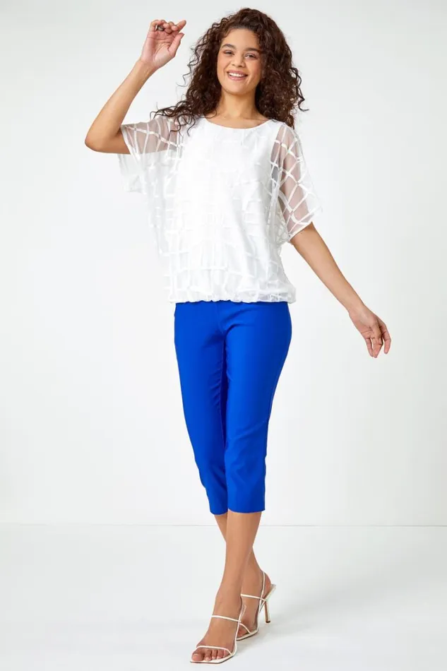Ivory Abstract Check Print Blouson Top Women Roman Tops