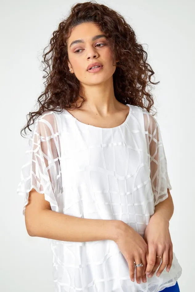 Ivory Abstract Check Print Blouson Top Women Roman Tops
