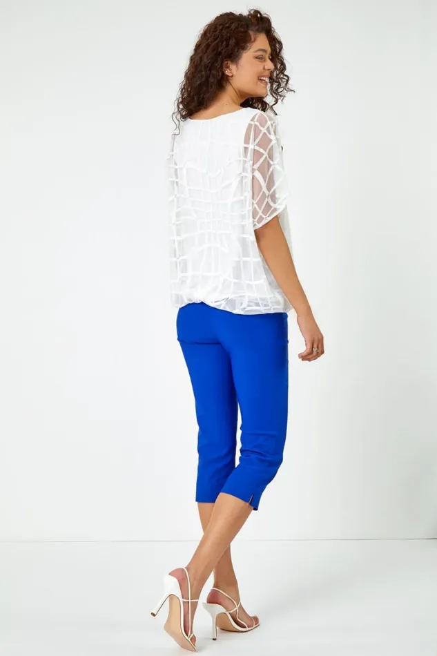 Ivory Abstract Check Print Blouson Top Women Roman Tops