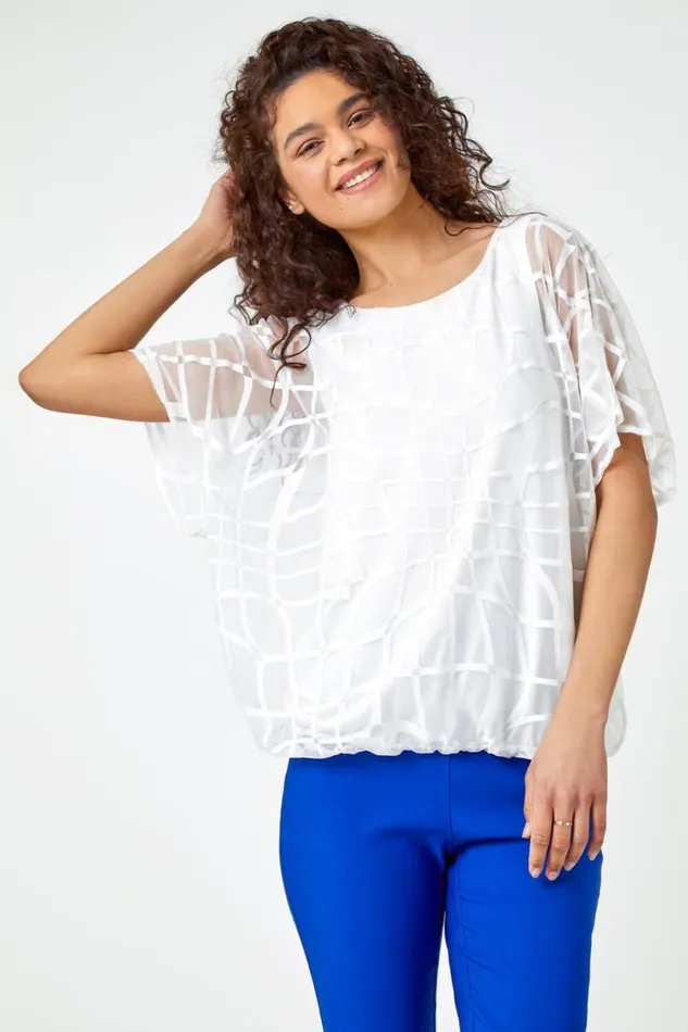 Ivory Abstract Check Print Blouson Top Women Roman Tops