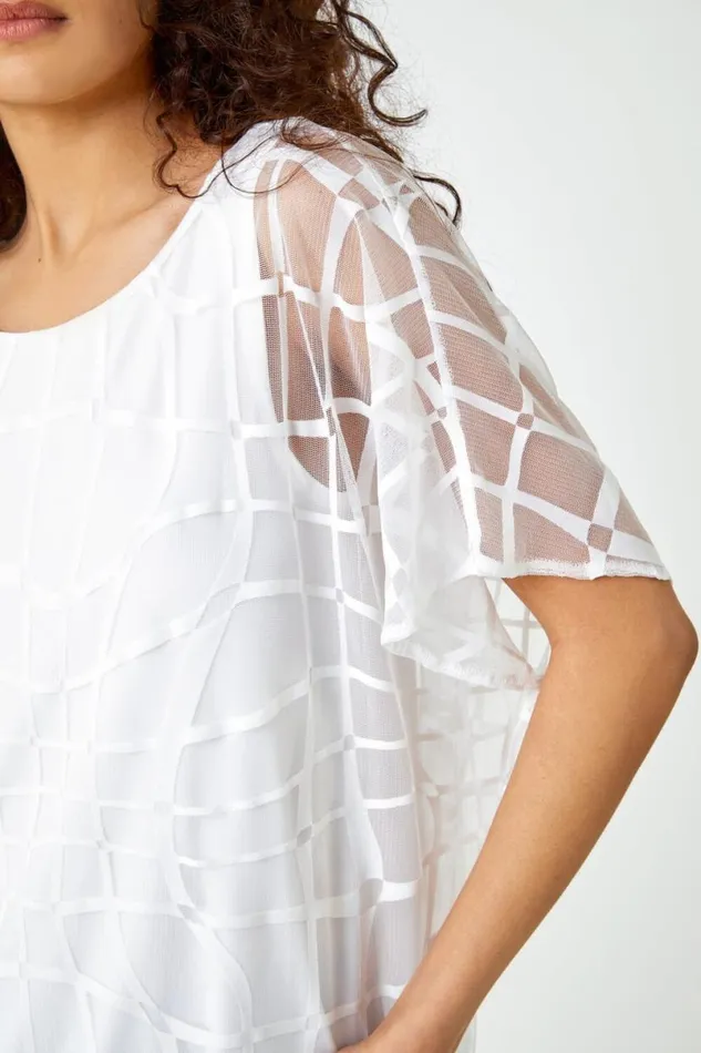 Ivory Abstract Check Print Blouson Top Women Roman Tops