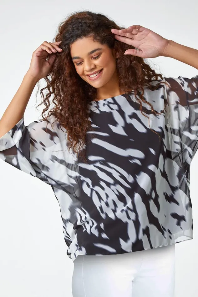 Ivory Abstract Print Chiffon Overlay Top Women Roman Tops