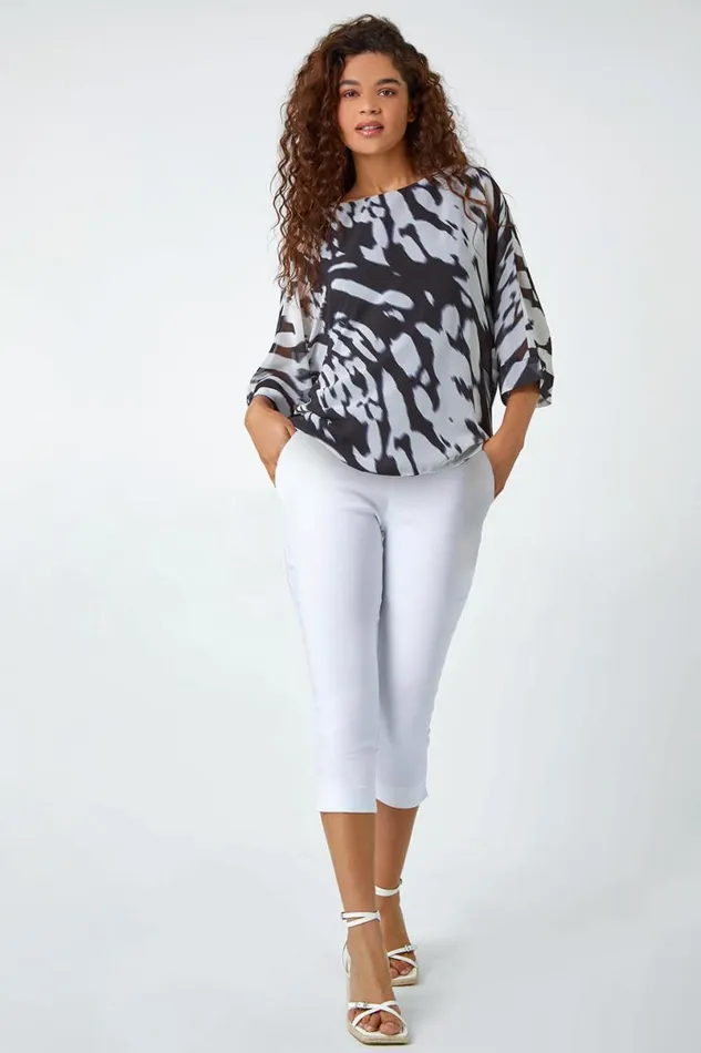 Ivory Abstract Print Chiffon Overlay Top Women Roman Tops