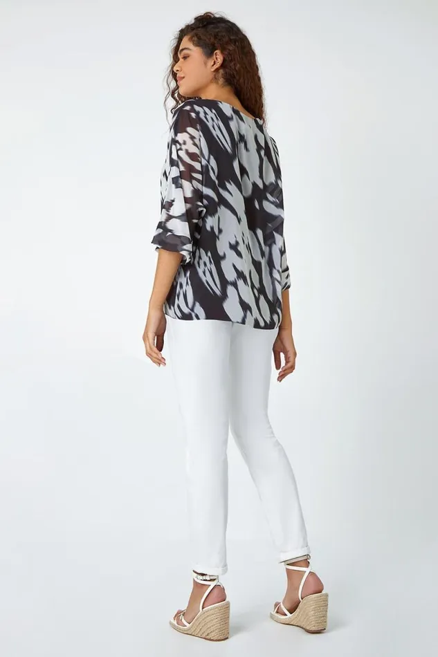 Ivory Abstract Print Chiffon Overlay Top Women Roman Tops