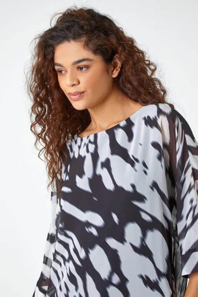 Ivory Abstract Print Chiffon Overlay Top Women Roman Tops