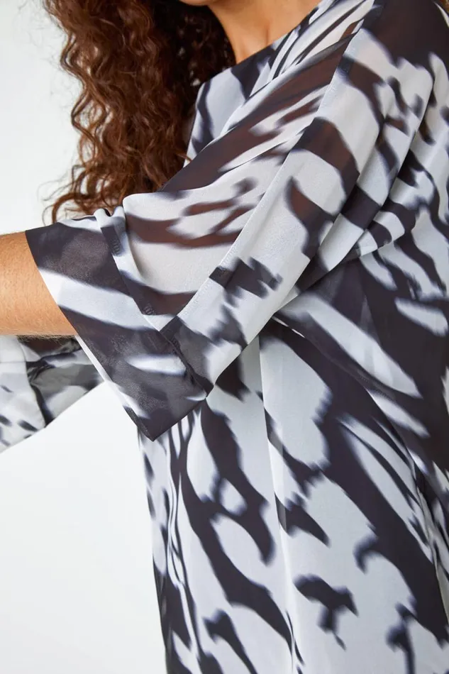 Ivory Abstract Print Chiffon Overlay Top Women Roman Tops