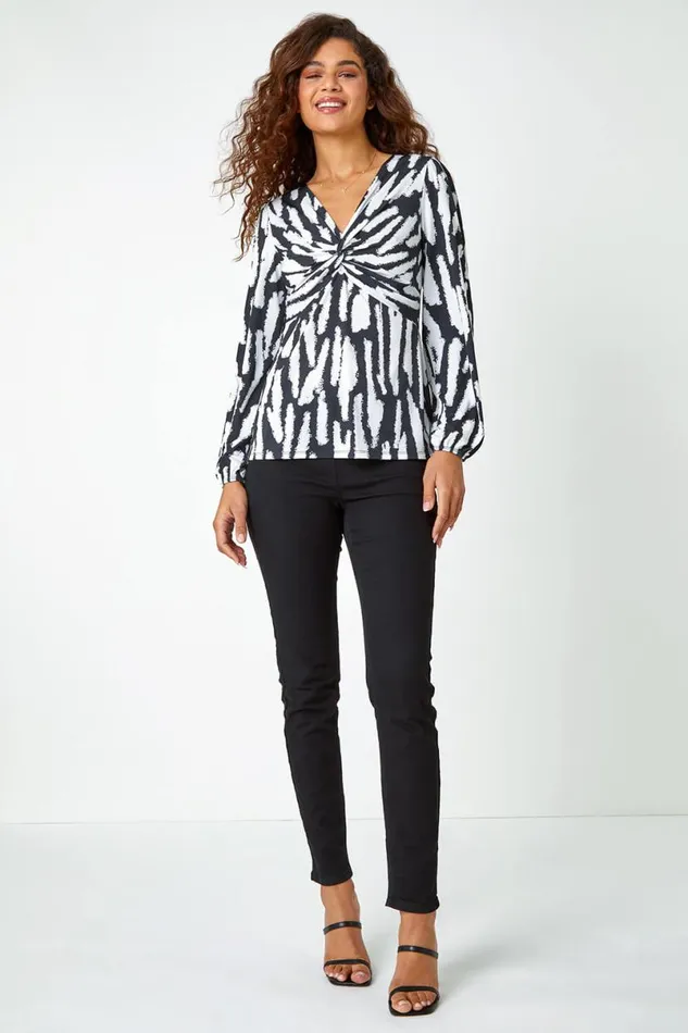 Ivory Abstract Print Twist Front VNeck Stretch Top Women Roman Tops