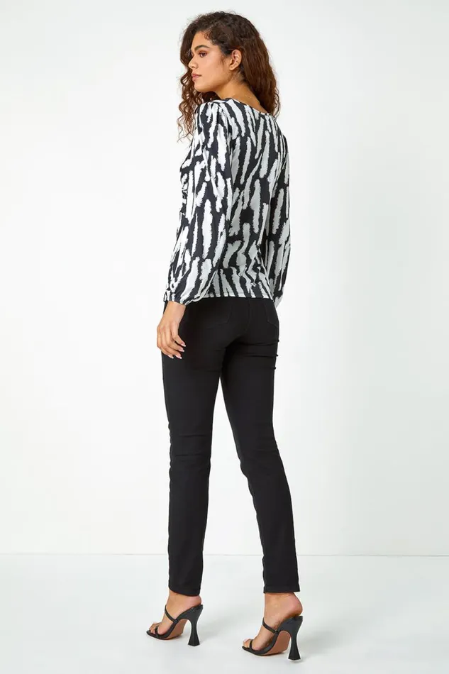 Ivory Abstract Print Twist Front VNeck Stretch Top Women Roman Tops