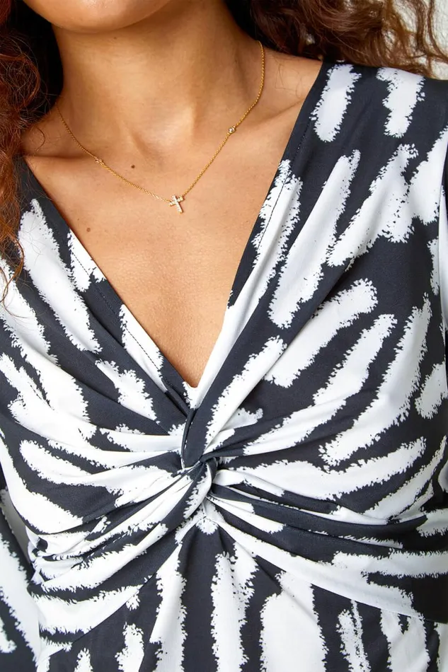 Ivory Abstract Print Twist Front VNeck Stretch Top Women Roman Tops