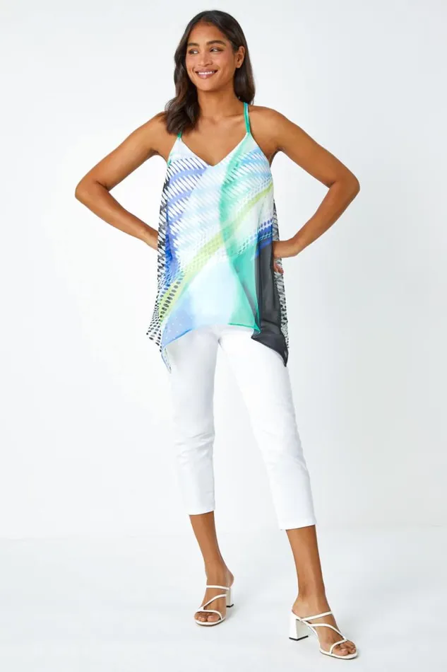Ivory Abstract Print VNeck Hanky Hem Cami Top Women Roman Tops