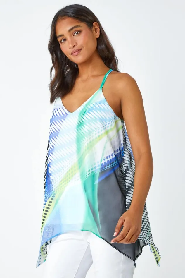 Ivory Abstract Print VNeck Hanky Hem Cami Top Women Roman Tops