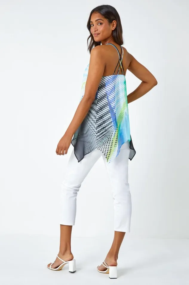 Ivory Abstract Print VNeck Hanky Hem Cami Top Women Roman Tops