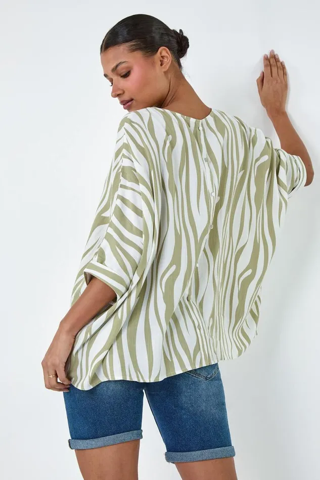 Ivory Animal Button Back Batwing Top Women Roman Tops