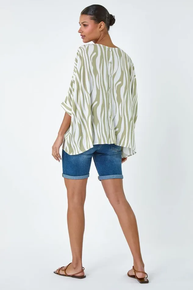 Ivory Animal Button Back Batwing Top Women Roman Tops