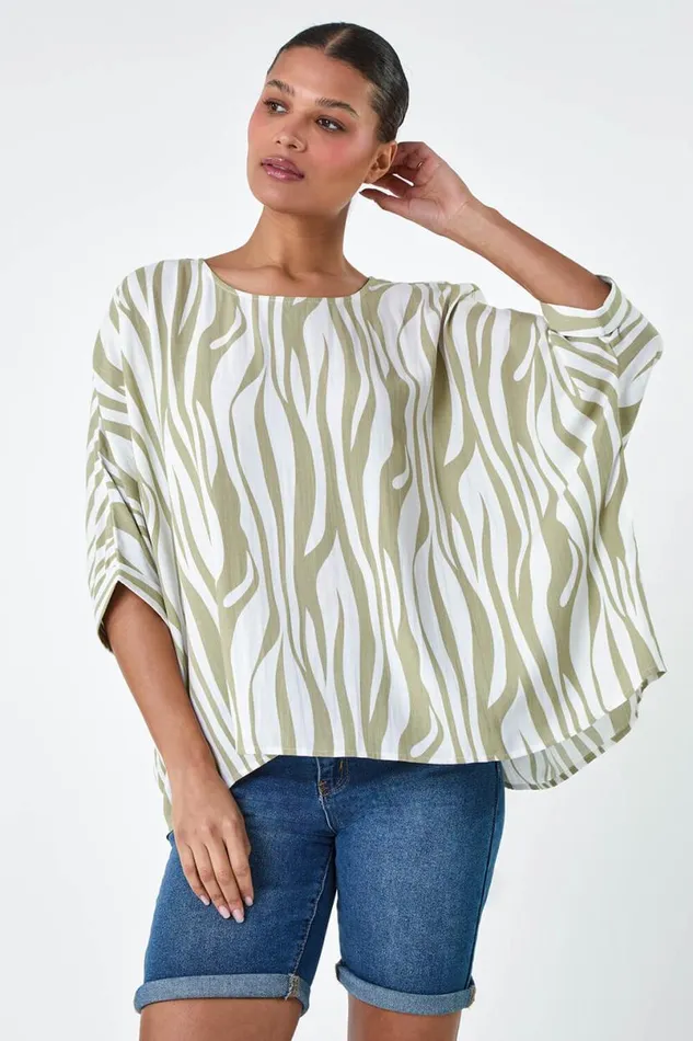 Ivory Animal Button Back Batwing Top Women Roman Tops