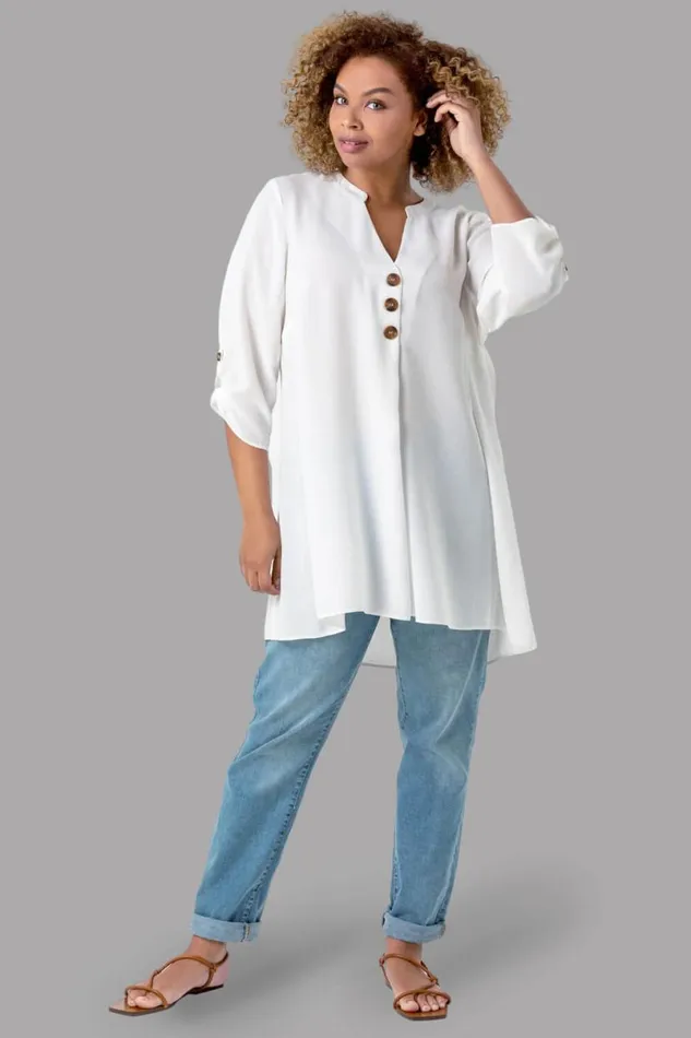 Ivory Button Detail Tunic Top Women Roman Tops