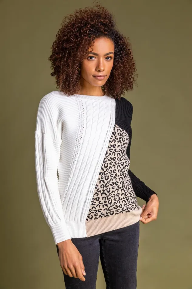 Ivory Colourblock Animal Print Jumper Women Roman Knitwear