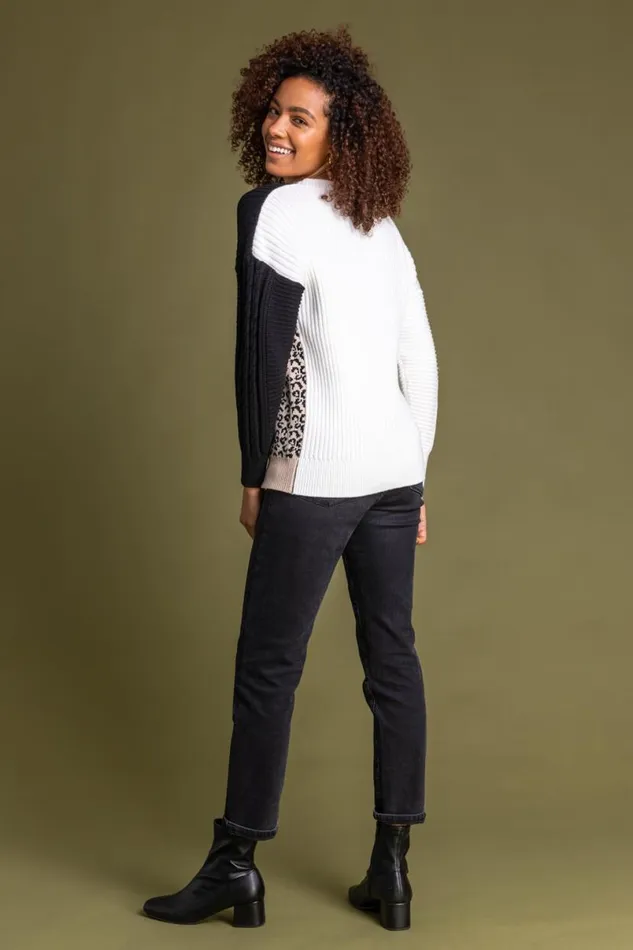 Ivory Colourblock Animal Print Jumper Women Roman Knitwear