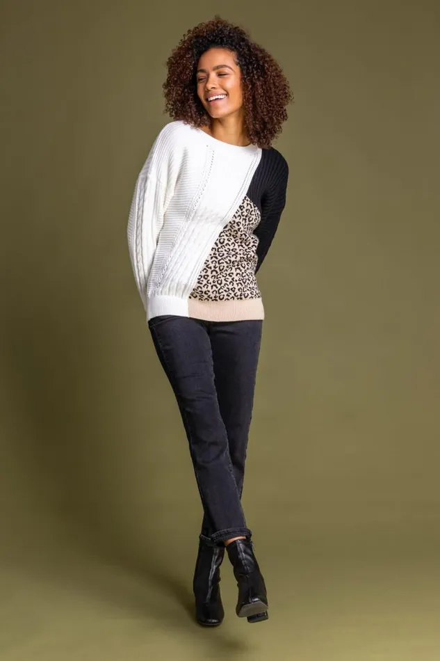 Ivory Colourblock Animal Print Jumper Women Roman Knitwear