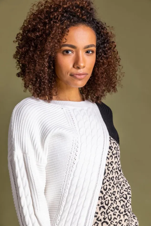 Ivory Colourblock Animal Print Jumper Women Roman Knitwear
