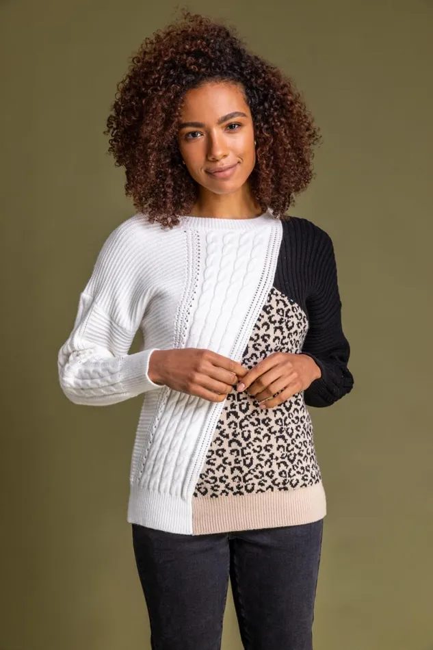 Ivory Colourblock Animal Print Jumper Women Roman Knitwear