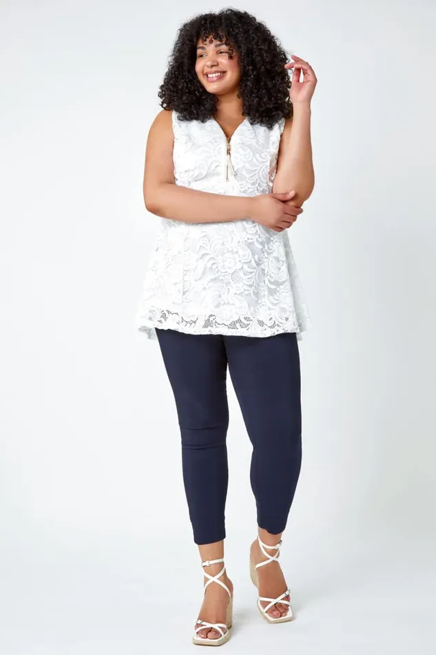 Ivory Curve Lace Zip Detail VNeck Top Women Roman Tops