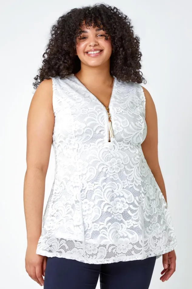 Ivory Curve Lace Zip Detail VNeck Top Women Roman Tops