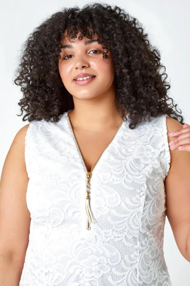 Ivory Curve Lace Zip Detail VNeck Top Women Roman Tops
