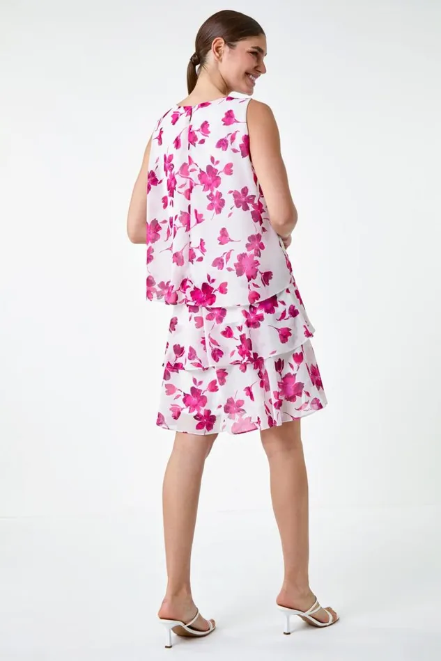 Ivory Floral Print Tiered Layer Dress Women Roman Dresses
