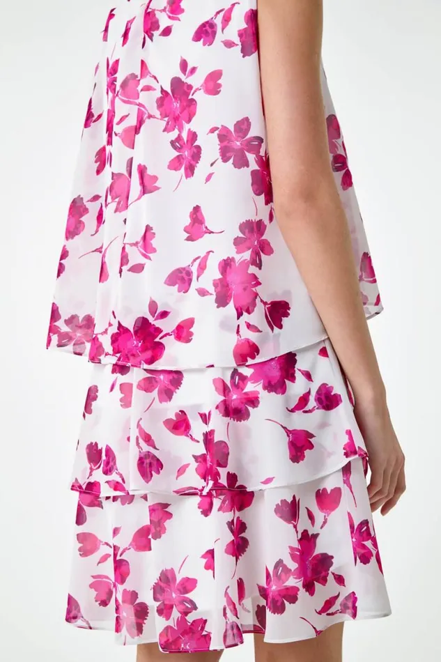Ivory Floral Print Tiered Layer Dress Women Roman Dresses