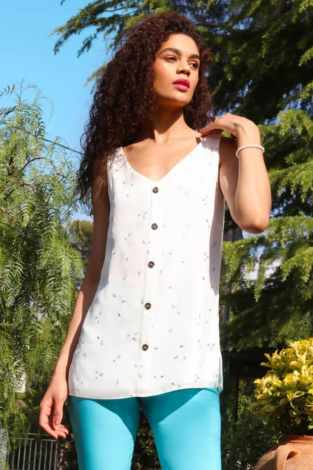 Ivory Foil Print Button Detail VNeck Top Women Roman Tops