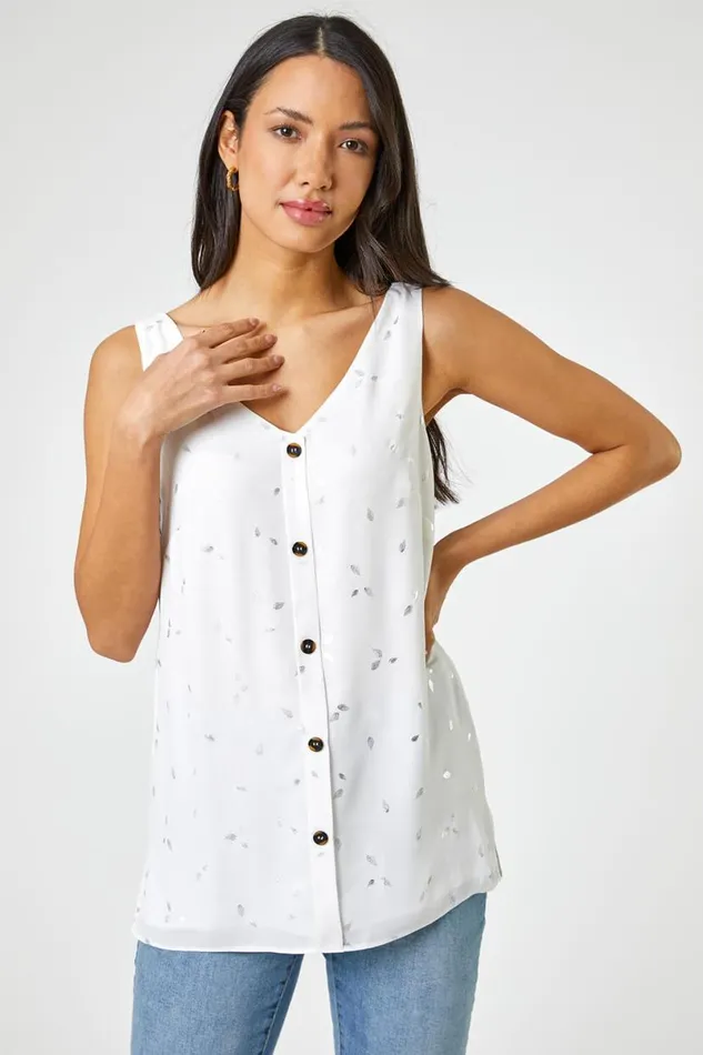 Ivory Foil Print Button Detail VNeck Top Women Roman Tops